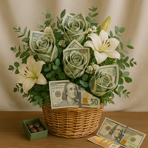 Botanical Banknote Basket with Dollars and Flowers